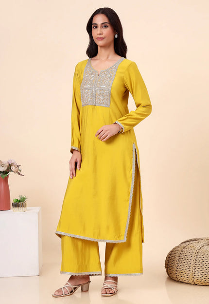 Lime Green Kurta Set with Sheer Organza Dupatta & Embroidered Neckline