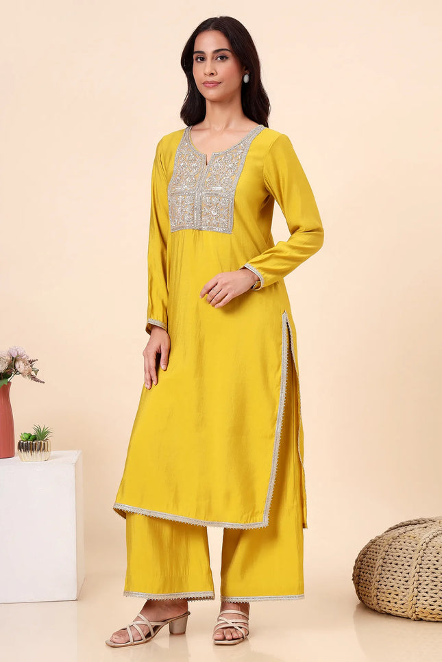 Lime Green Kurta Set with Sheer Organza Dupatta & Embroidered Neckline