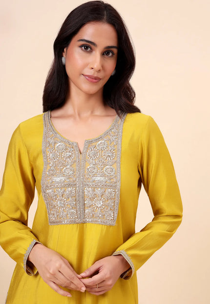 Lime Green Kurta Set with Sheer Organza Dupatta & Embroidered Neckline