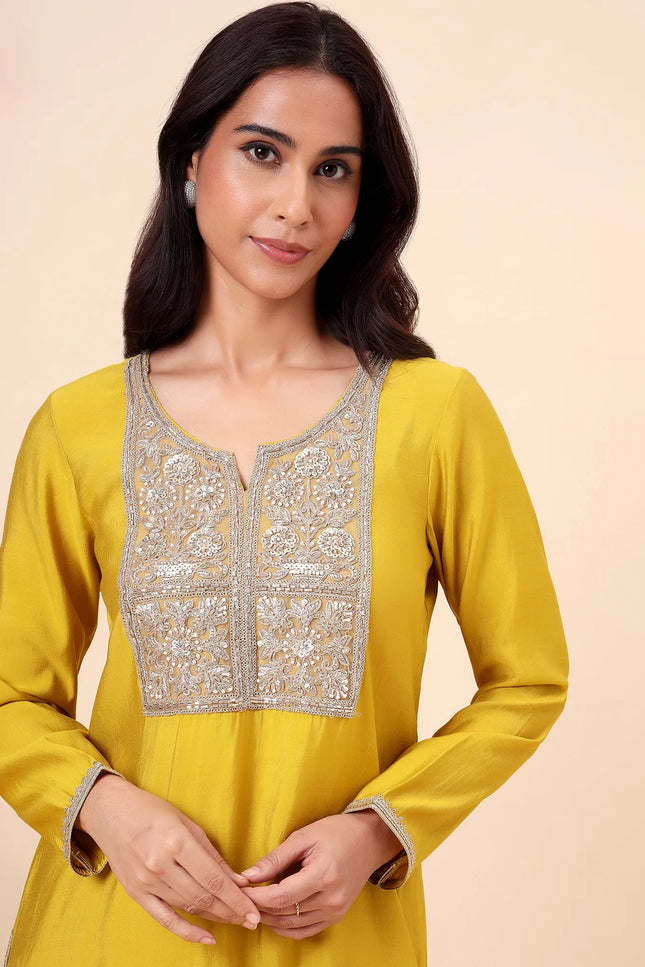 Lime Green Kurta Set with Sheer Organza Dupatta & Embroidered Neckline