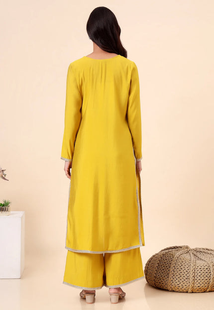 Lime Green Kurta Set with Sheer Organza Dupatta & Embroidered Neckline