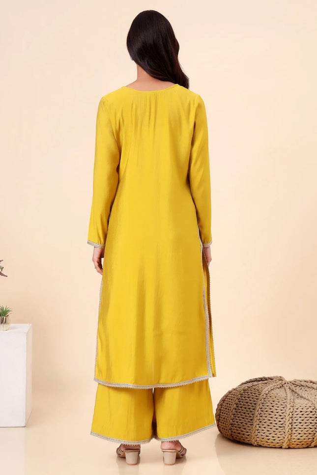 Lime Green Kurta Set with Sheer Organza Dupatta & Embroidered Neckline