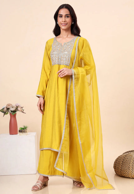 Lime Green Kurta Set with Sheer Organza Dupatta & Embroidered Neckline