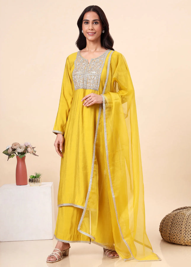 Lime Green Kurta Set with Sheer Organza Dupatta & Embroidered Neckline