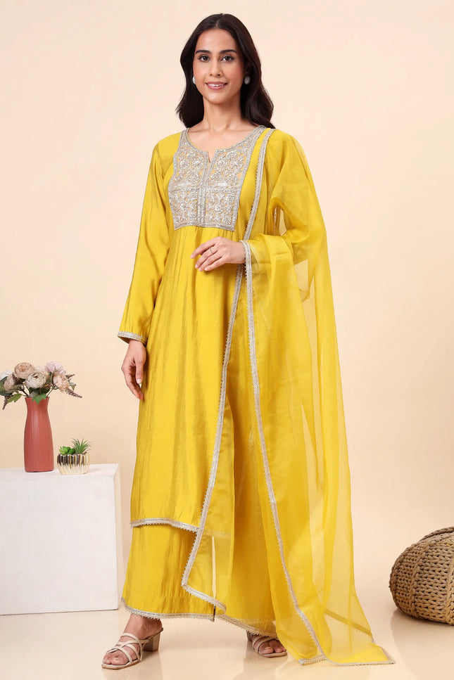 Lime Green Kurta Set with Sheer Organza Dupatta & Embroidered Neckline