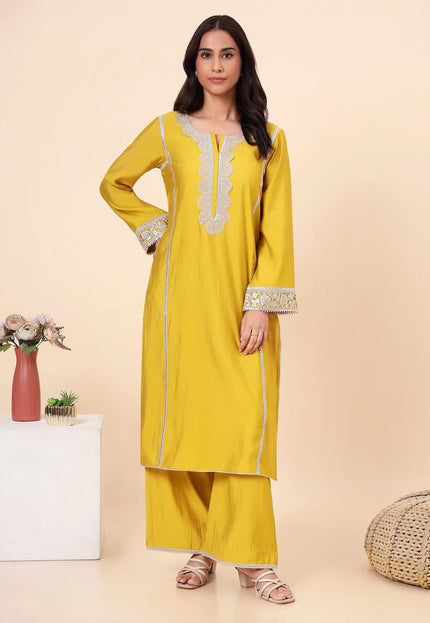 Lime Green Kurta Set with Sheer Organza Dupatta & Lace Accents