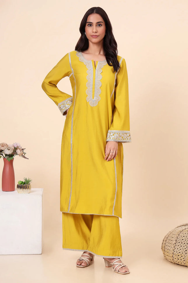 Lime Green Kurta Set with Sheer Organza Dupatta & Lace Accents