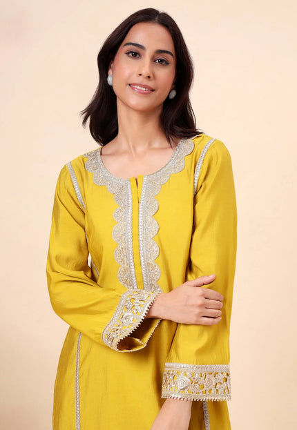 Lime Green Kurta Set with Sheer Organza Dupatta & Lace Accents