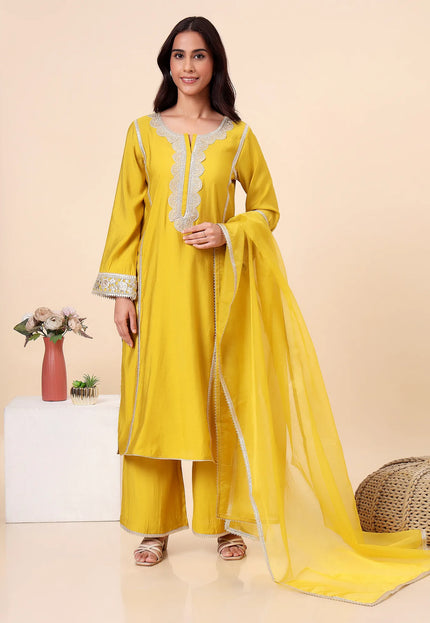 Lime Green Kurta Set with Sheer Organza Dupatta & Lace Accents