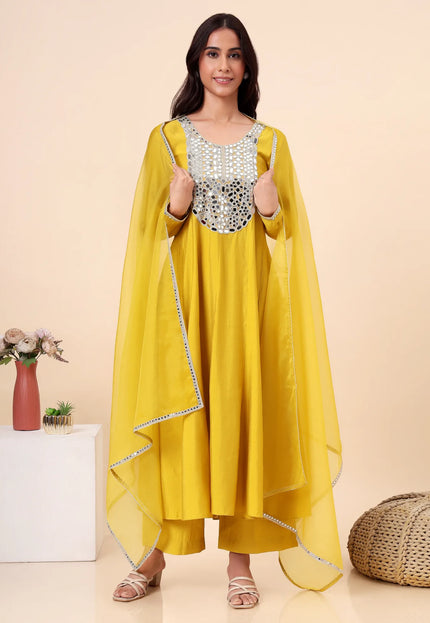 Lime Green Embellished Kurta Set with Organza Dupatta