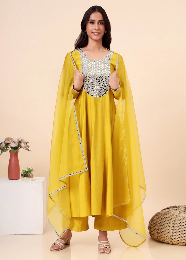 Lime Green Embellished Kurta Set with Organza Dupatta