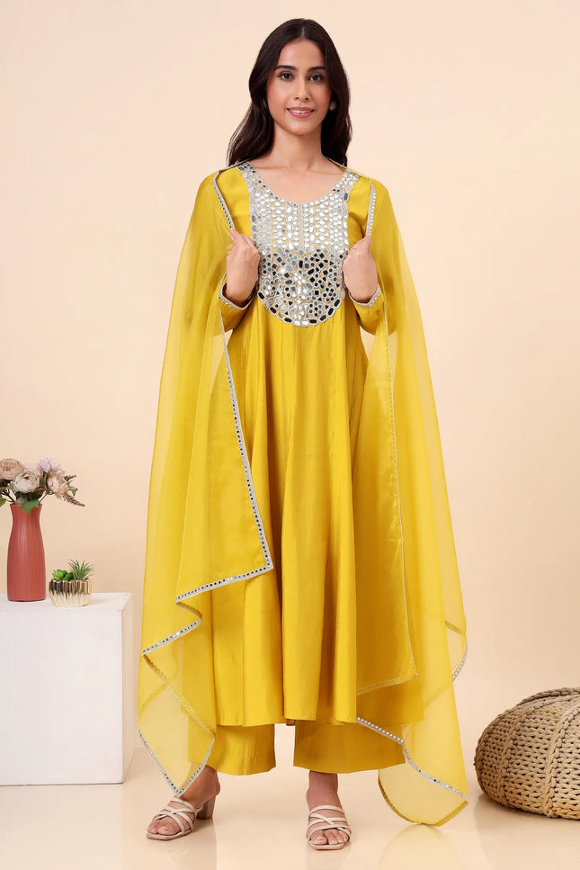 Lime Green Embellished Kurta Set with Organza Dupatta